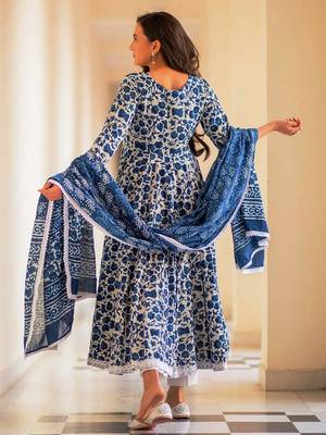 Blue printed rayon kurta pant with dupatta set 3