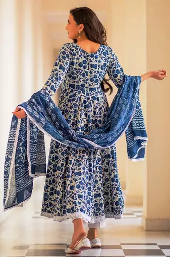 Blue printed rayon kurta pant with dupatta set