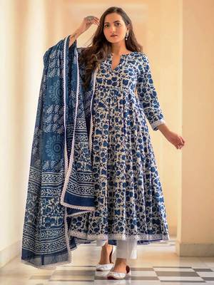 Blue printed rayon kurta pant with dupatta set 5