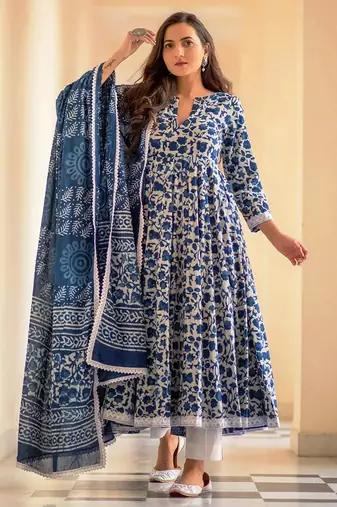 Blue printed rayon kurta pant with dupatta set