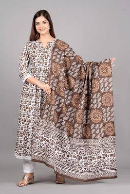Coffee printed rayon kurta pant with dupatta set 1