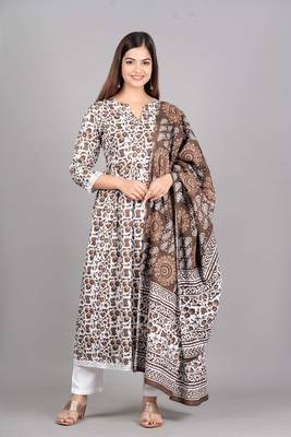 Coffee printed rayon kurta pant with dupatta set 5