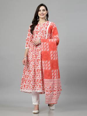 Orange printed rayon kurta pant with dupatta set 1
