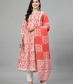 Orange printed rayon kurta pant with dupatta set
