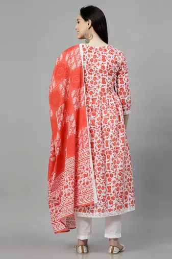 Orange printed rayon kurta pant with dupatta set