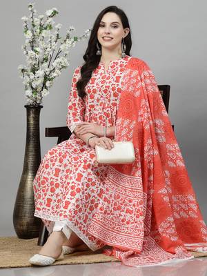 Orange printed rayon kurta pant with dupatta set 4