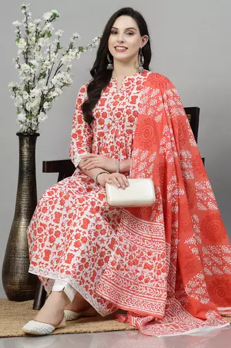 Orange printed rayon kurta pant with dupatta set
