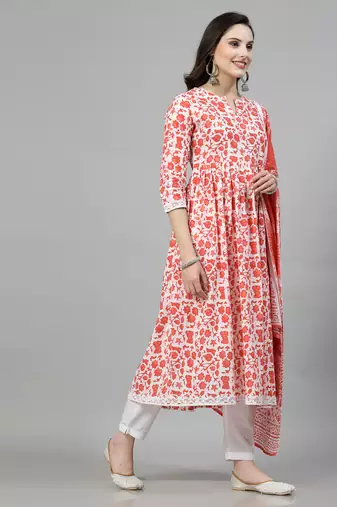 Orange printed rayon kurta pant with dupatta set