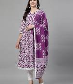 Purple printed rayon kurta pant with dupatta set