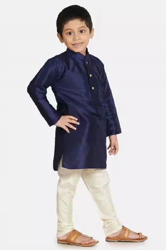 Blue plain cotton silk boys kurta pyjama