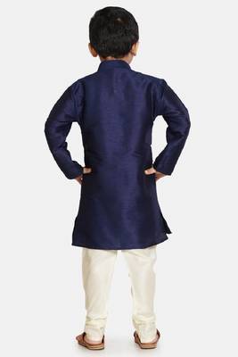 Blue plain cotton silk boys kurta pyjama 4