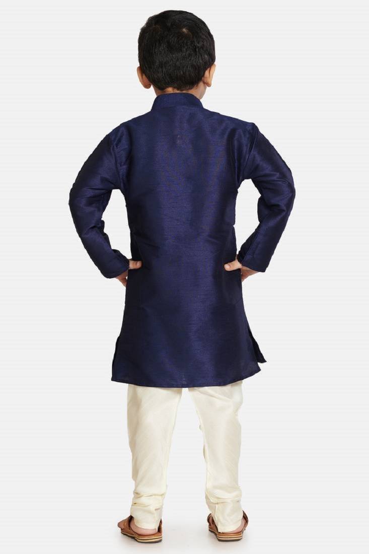 Blue plain cotton silk boys kurta pyjama