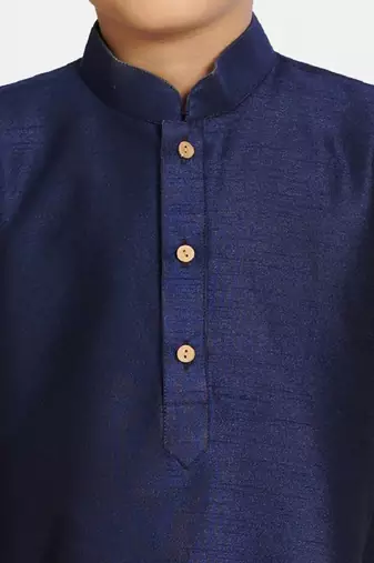 Blue plain cotton silk boys kurta pyjama
