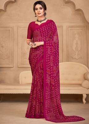 Magenta digital printed soft chiffon indian traditional bandhani saree with blouse 1