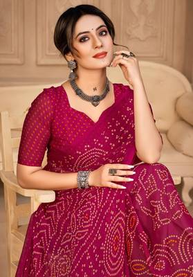 Magenta digital printed soft chiffon indian traditional bandhani saree with blouse 2