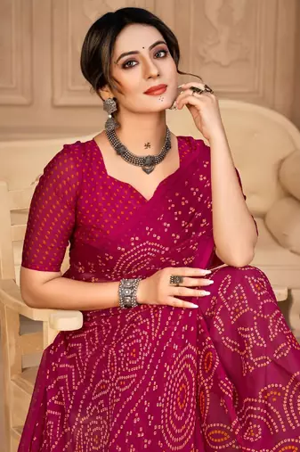 Magenta digital printed soft chiffon indian traditional bandhani saree with blouse