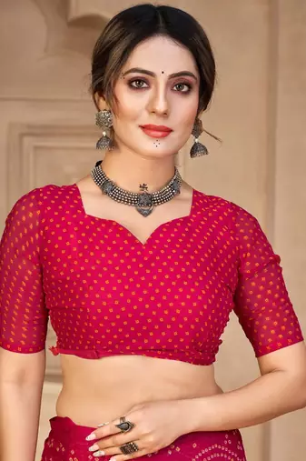 Magenta digital printed soft chiffon indian traditional bandhani saree with blouse