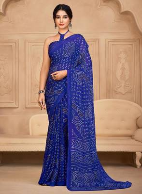 Royal blue digital printed soft chiffon indian traditional bandhani saree with blouse 1