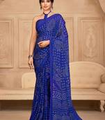 Royal blue digital printed soft chiffon indian traditional bandhani saree with blouse