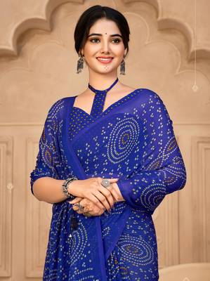Royal blue digital printed soft chiffon indian traditional bandhani saree with blouse 2