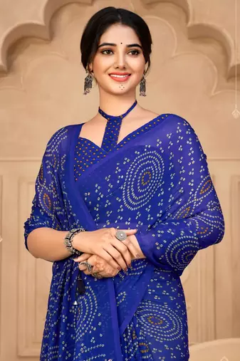 Royal blue digital printed soft chiffon indian traditional bandhani saree with blouse