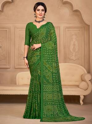 Green digital printed soft chiffon indian traditional bandhani saree with blouse 1