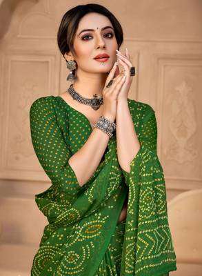 Green digital printed soft chiffon indian traditional bandhani saree with blouse 2