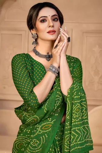 Green digital printed soft chiffon indian traditional bandhani saree with blouse