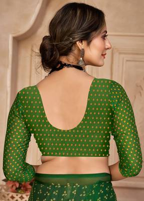 Green digital printed soft chiffon indian traditional bandhani saree with blouse 4