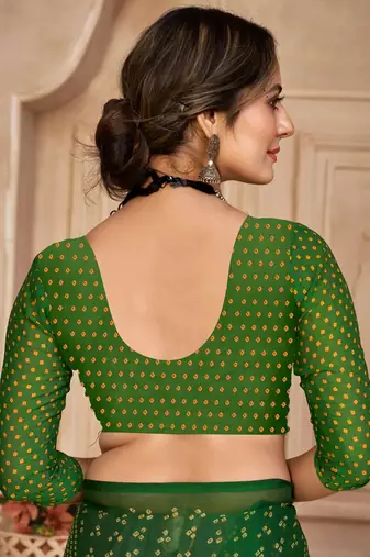 Green digital printed soft chiffon indian traditional bandhani saree with blouse