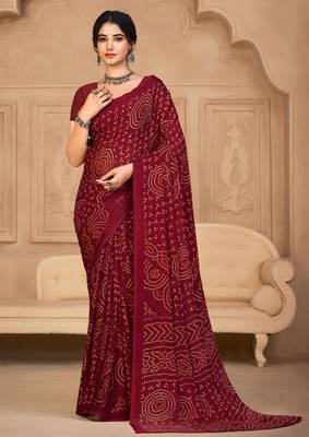 Maroon digital printed soft chiffon indian traditional bandhani saree with blouse 1