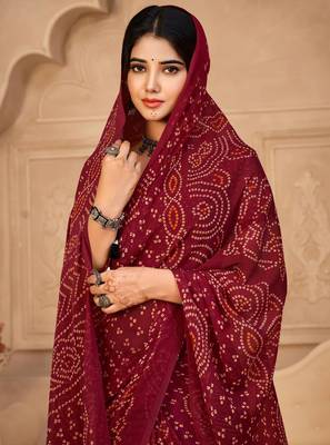Maroon digital printed soft chiffon indian traditional bandhani saree with blouse 2