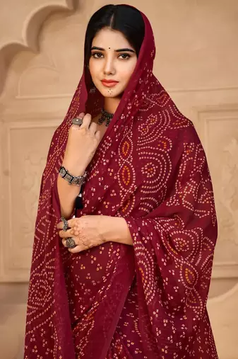Maroon digital printed soft chiffon indian traditional bandhani saree with blouse