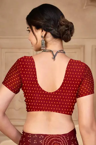 Maroon digital printed soft chiffon indian traditional bandhani saree with blouse