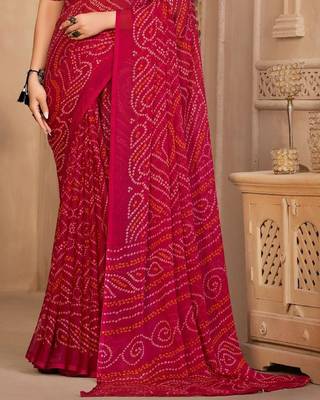 Magenta digital printed soft chiffon indian traditional bandhani saree with blouse 2