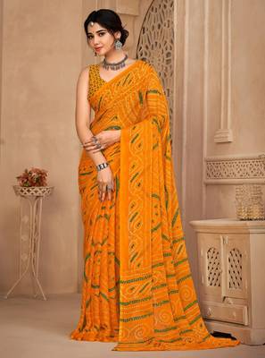 Yellow digital printed soft chiffon indian traditional bandhani saree with blouse 1