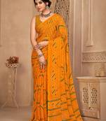 Yellow digital printed soft chiffon indian traditional bandhani saree with blouse