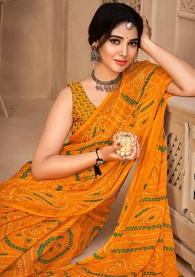 Yellow digital printed soft chiffon indian traditional bandhani saree with blouse 2