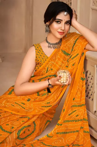 Yellow digital printed soft chiffon indian traditional bandhani saree with blouse
