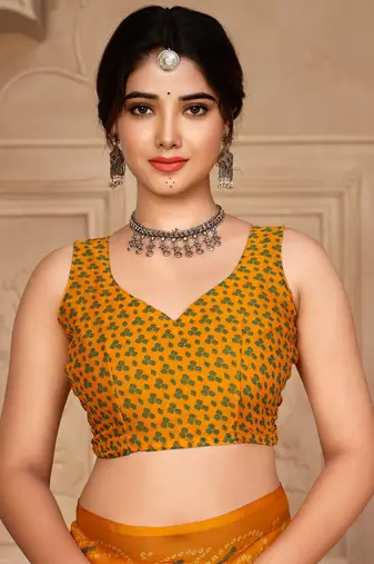 Yellow digital printed soft chiffon indian traditional bandhani saree with blouse