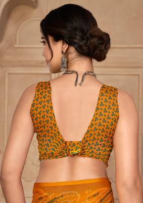 Yellow digital printed soft chiffon indian traditional bandhani saree with blouse 4