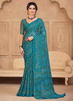 Turquoise digital printed soft chiffon indian traditional bandhani saree with blouse 1