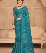 Turquoise digital printed soft chiffon indian traditional bandhani saree with blouse