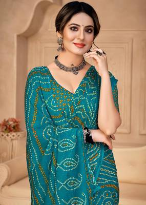 Turquoise digital printed soft chiffon indian traditional bandhani saree with blouse 2