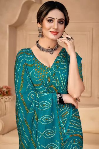 Turquoise digital printed soft chiffon indian traditional bandhani saree with blouse
