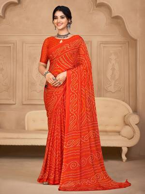 Orange digital printed soft chiffon indian traditional bandhani saree with blouse 1