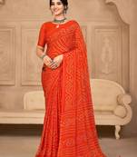 Orange digital printed soft chiffon indian traditional bandhani saree with blouse