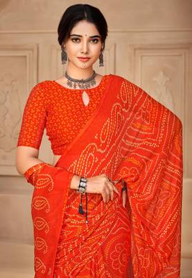 Orange digital printed soft chiffon indian traditional bandhani saree with blouse 2