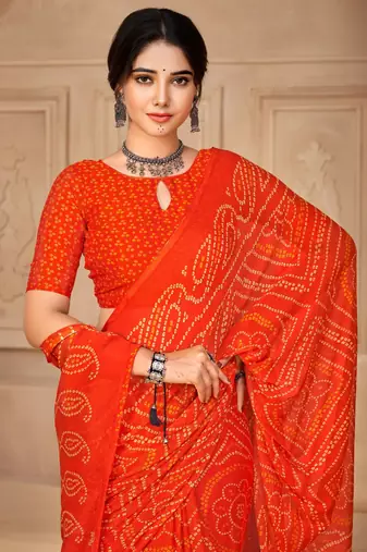 Orange digital printed soft chiffon indian traditional bandhani saree with blouse