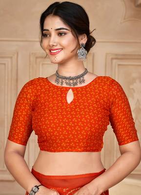 Orange digital printed soft chiffon indian traditional bandhani saree with blouse 3